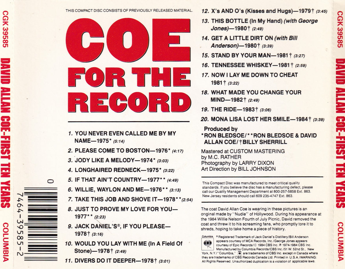 David Allan Coe - For the Record: First 10 Years - CD