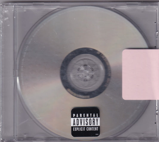 A silver compact disc inside a clear plastic jewel case, with a black Parental Advisory label near the bottom and a pale pink square overlay on the right side.