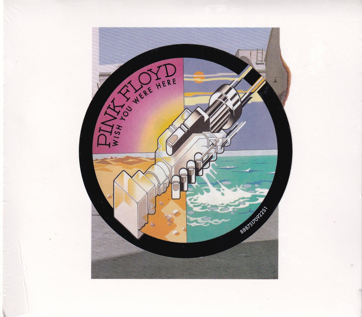 Pink Floyd 'Wish You Were Here' album cover art featuring a circular multicolor illustration with the band name and title on a white background.